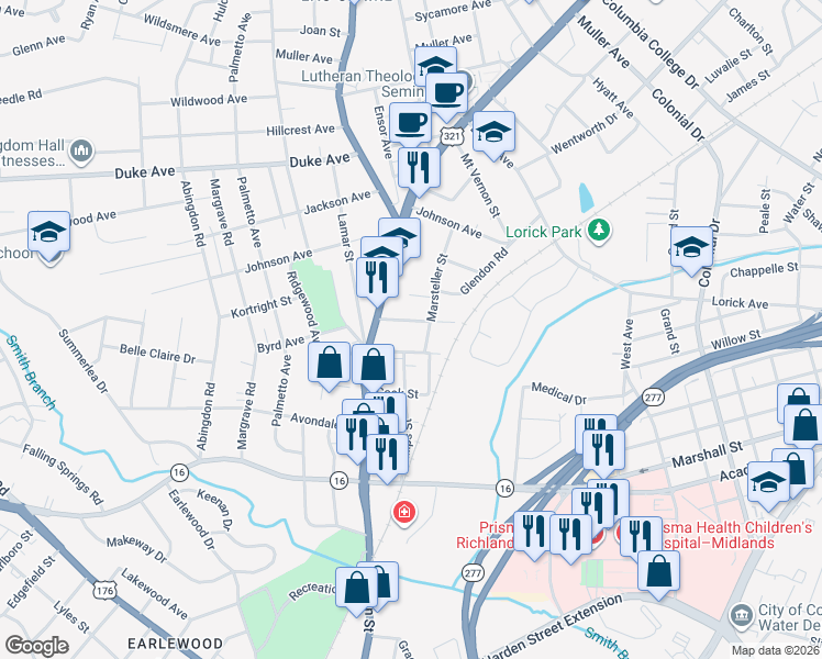 map of restaurants, bars, coffee shops, grocery stores, and more near 1206 Elmore Street in Columbia