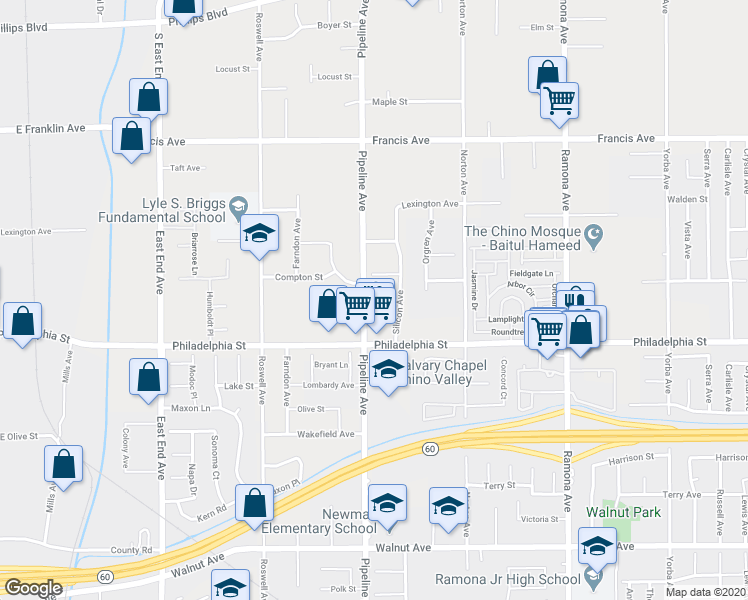 map of restaurants, bars, coffee shops, grocery stores, and more near 12015 Pipeline Avenue in Chino