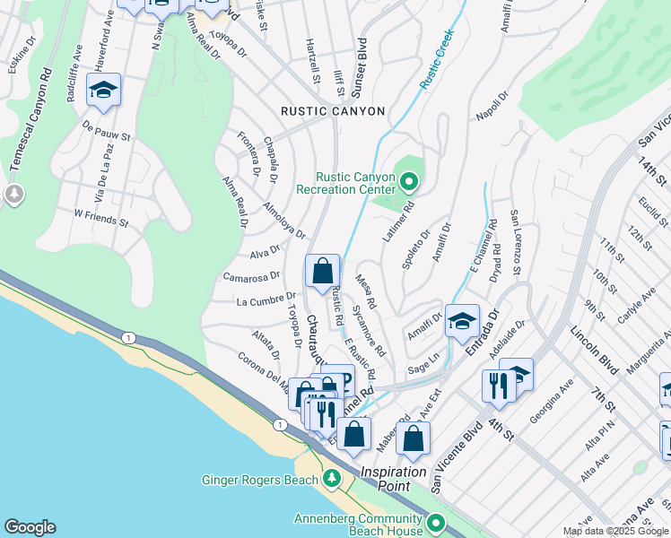 map of restaurants, bars, coffee shops, grocery stores, and more near 533 West Rustic Road in Santa Monica