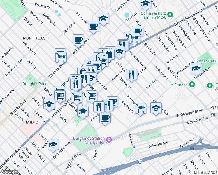 map of restaurants, bars, coffee shops, grocery stores, and more near 1511 Stanford Street in Santa Monica