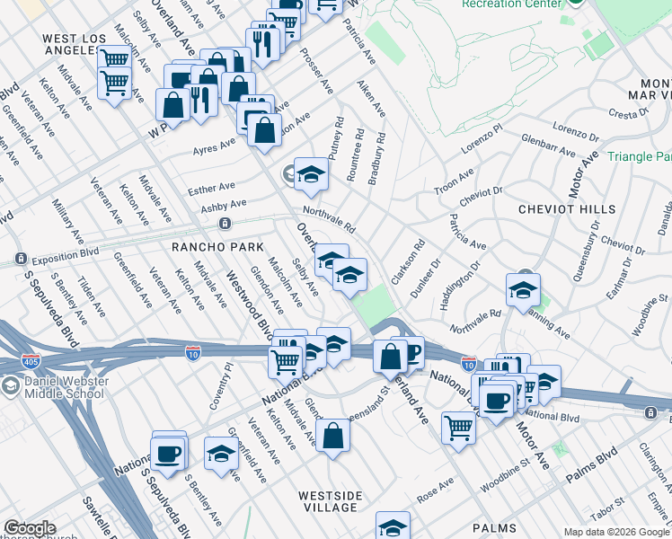 map of restaurants, bars, coffee shops, grocery stores, and more near 2828 Overland Avenue in Los Angeles