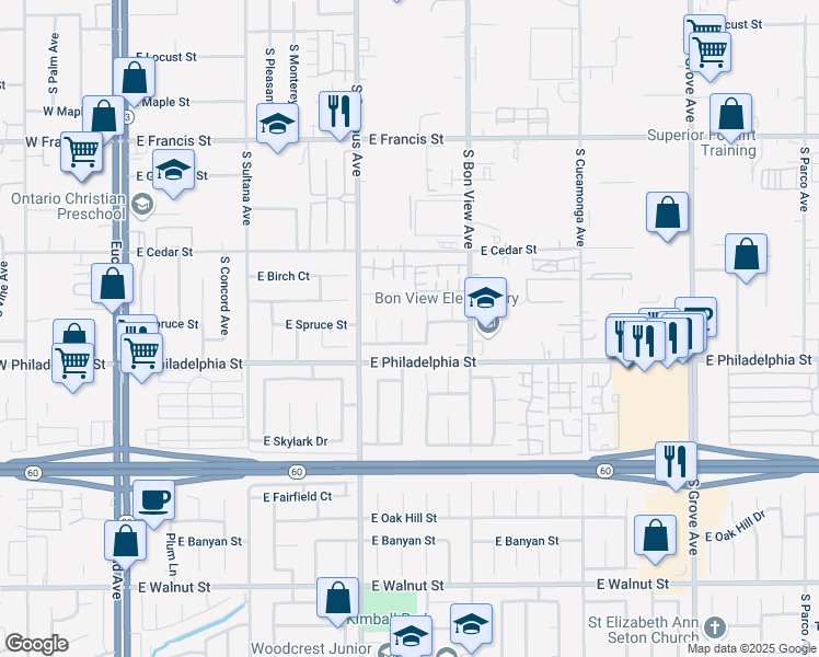map of restaurants, bars, coffee shops, grocery stores, and more near 2111 Caldwell Place in Ontario