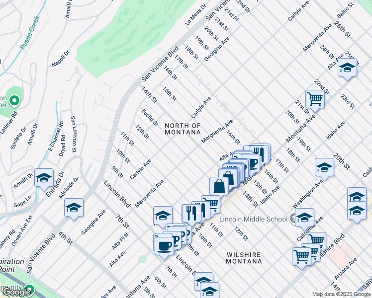 map of restaurants, bars, coffee shops, grocery stores, and more near 443 Euclid Street in Santa Monica