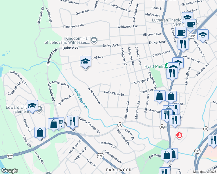 map of restaurants, bars, coffee shops, grocery stores, and more near 424 Cumberland Drive in Columbia