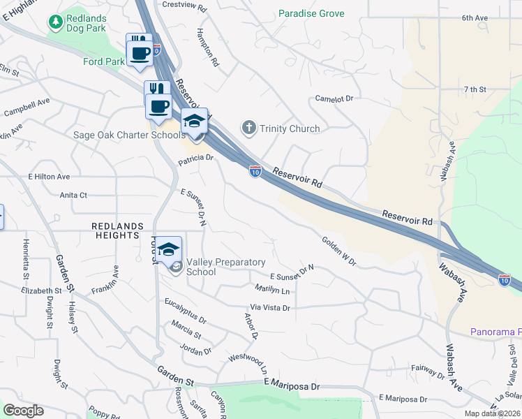 map of restaurants, bars, coffee shops, grocery stores, and more near 512 Golden West Drive in Redlands