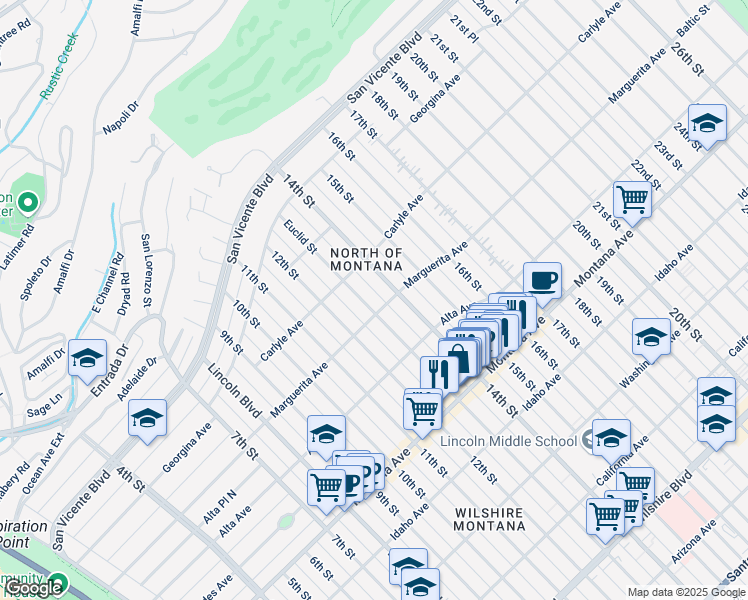 map of restaurants, bars, coffee shops, grocery stores, and more near 443 Euclid Street in Santa Monica