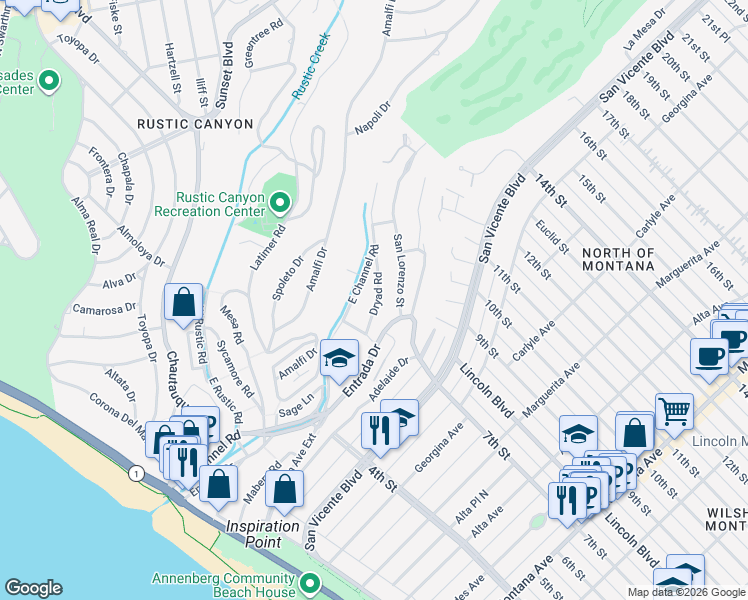map of restaurants, bars, coffee shops, grocery stores, and more near 555 Dryad Road in Santa Monica