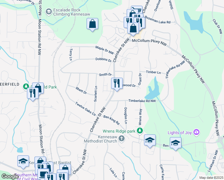 map of restaurants, bars, coffee shops, grocery stores, and more near 3338 Cranston Lane in Kennesaw
