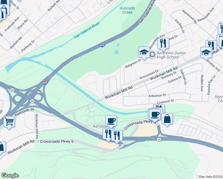 map of restaurants, bars, coffee shops, grocery stores, and more near 1548 Lacewood Drive in Whittier
