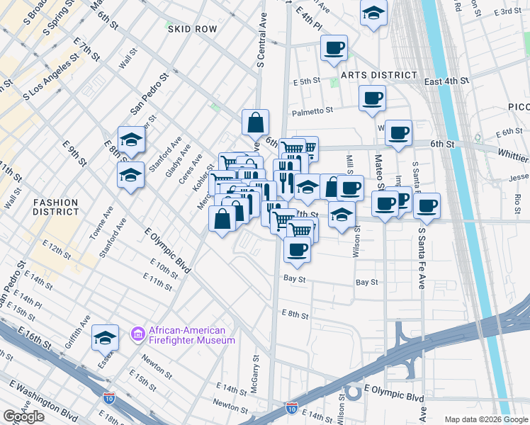 map of restaurants, bars, coffee shops, grocery stores, and more near 757 South Alameda Street in Los Angeles