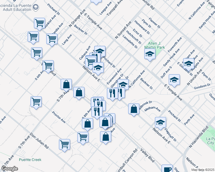 map of restaurants, bars, coffee shops, grocery stores, and more near 14753 Nelson Avenue East in La Puente