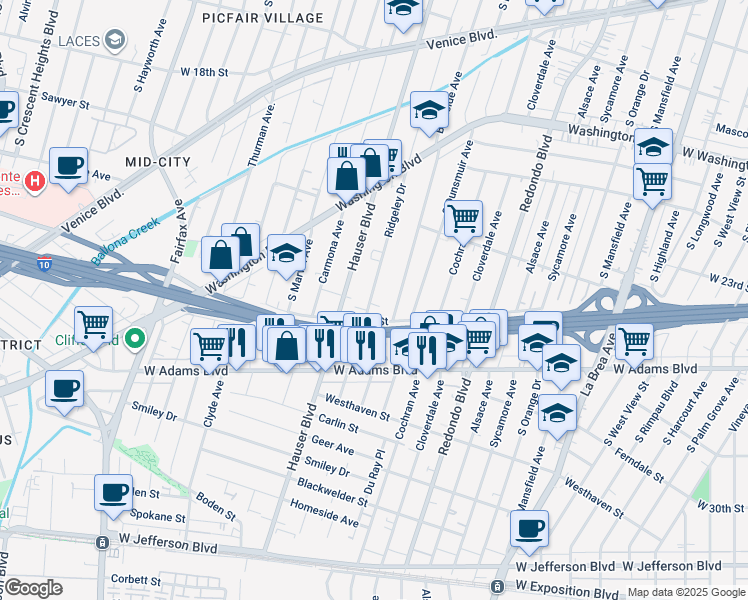 map of restaurants, bars, coffee shops, grocery stores, and more near 2404 1/4 Ridgeley Drive in Los Angeles