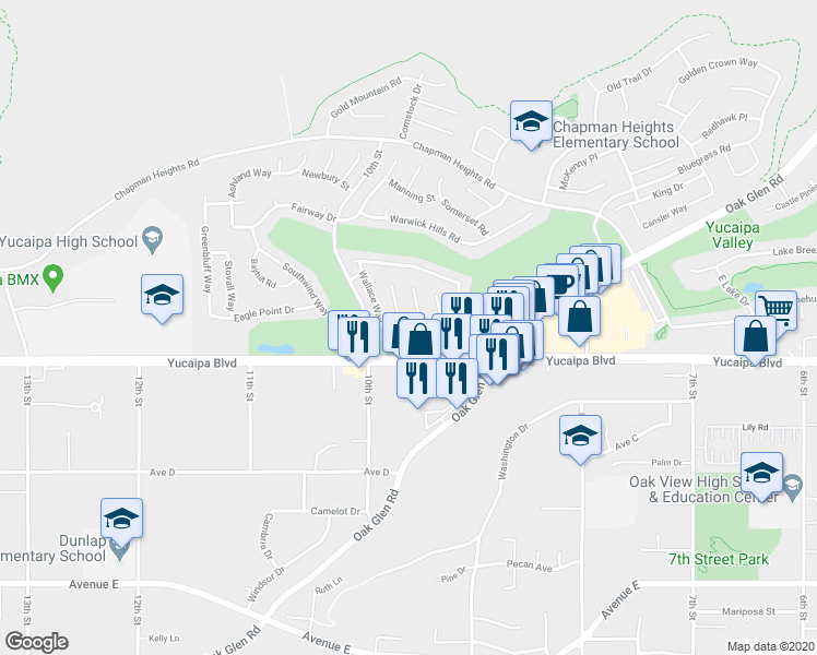 map of restaurants, bars, coffee shops, grocery stores, and more near Wallace Way in Yucaipa
