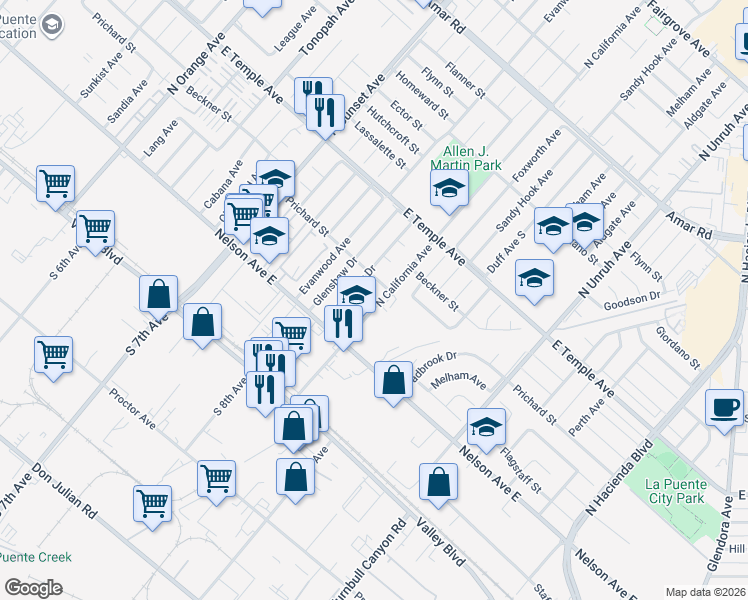 map of restaurants, bars, coffee shops, grocery stores, and more near 407 North California Avenue in La Puente