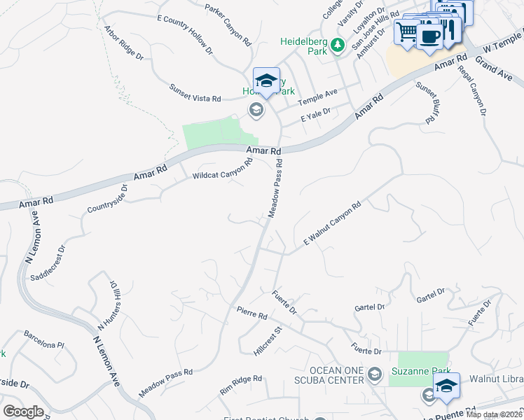 map of restaurants, bars, coffee shops, grocery stores, and more near 1003 Meadow Pass Road in Walnut