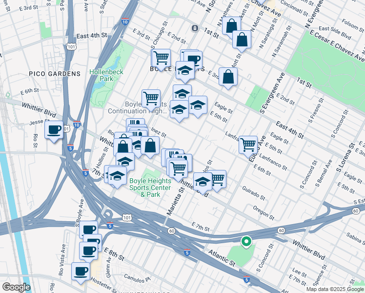 map of restaurants, bars, coffee shops, grocery stores, and more near 663 South Fickett Street in Los Angeles