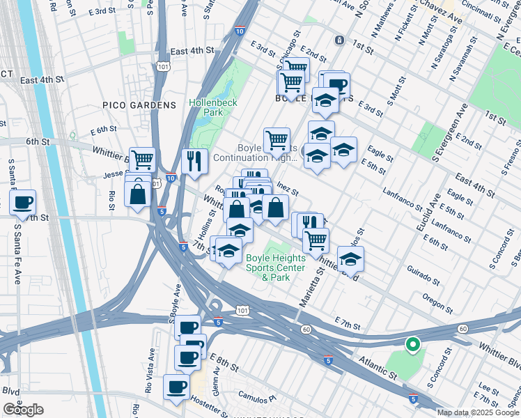 map of restaurants, bars, coffee shops, grocery stores, and more near 724 South Soto Street in Los Angeles