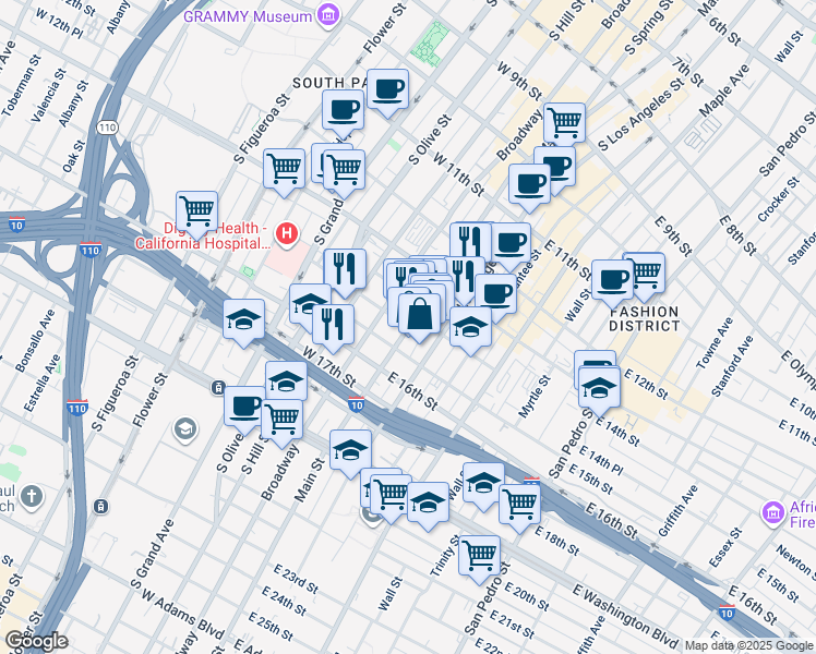 map of restaurants, bars, coffee shops, grocery stores, and more near 1410 South Main Street in Los Angeles