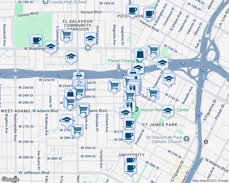 map of restaurants, bars, coffee shops, grocery stores, and more near 1314 West 23rd Street in Los Angeles