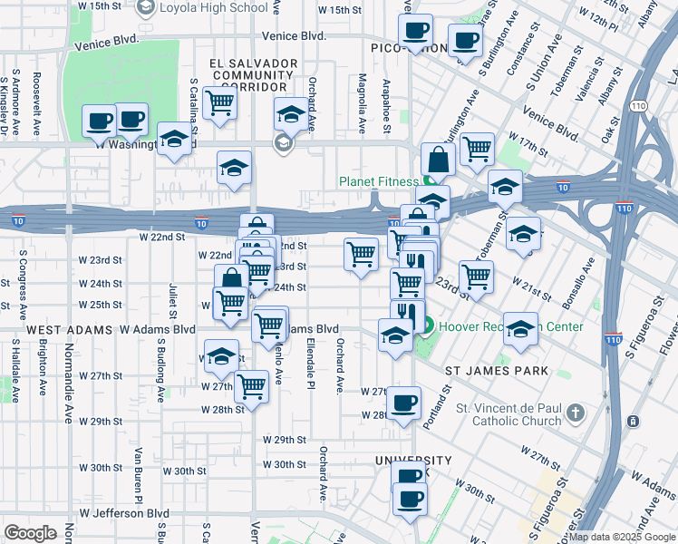 map of restaurants, bars, coffee shops, grocery stores, and more near 1314 West 23rd Street in Los Angeles