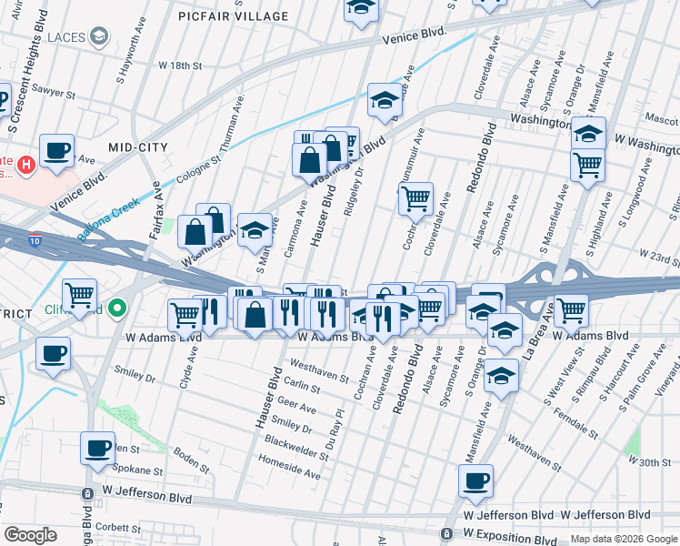 map of restaurants, bars, coffee shops, grocery stores, and more near 2404 1/4 Ridgeley Drive in Los Angeles