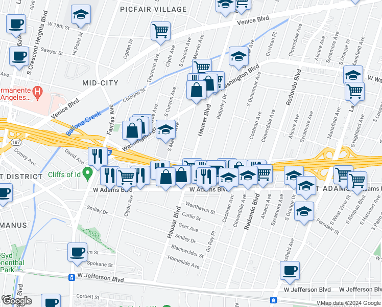 map of restaurants, bars, coffee shops, grocery stores, and more near in Los Angeles