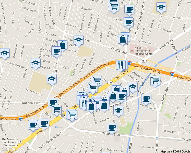 map of restaurants, bars, coffee shops, grocery stores, and more near 2802 South Holt Avenue in Los Angeles