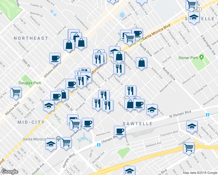 map of restaurants, bars, coffee shops, grocery stores, and more near 1537 Berkeley Street in Santa Monica