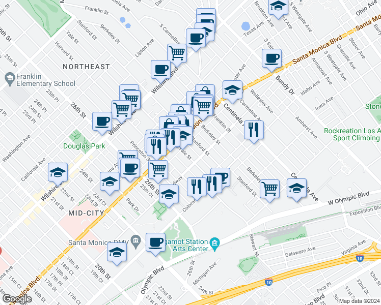 map of restaurants, bars, coffee shops, grocery stores, and more near 1437C Yale Street in Santa Monica