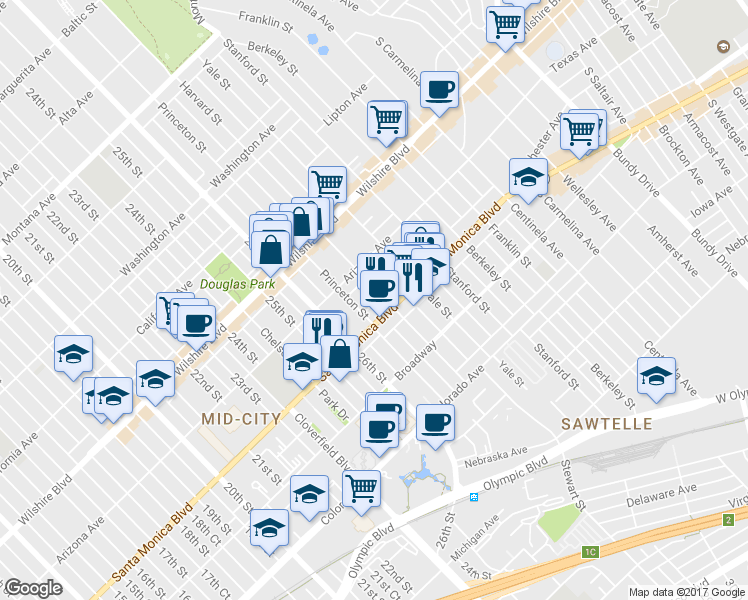 map of restaurants, bars, coffee shops, grocery stores, and more near 2715 Santa Monica Boulevard in Santa Monica