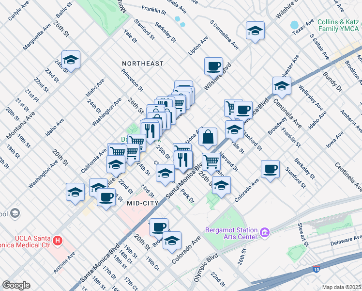 map of restaurants, bars, coffee shops, grocery stores, and more near 1255 26th Street in Santa Monica