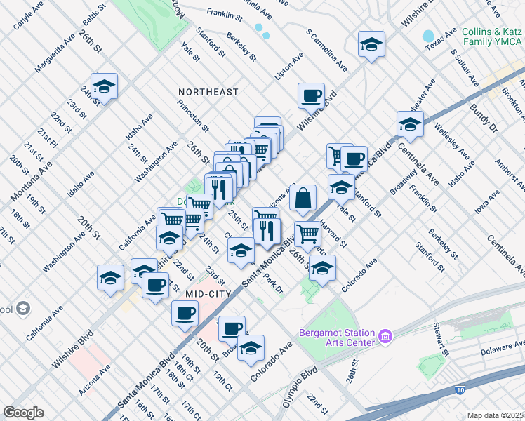 map of restaurants, bars, coffee shops, grocery stores, and more near 1255 26th Street in Santa Monica