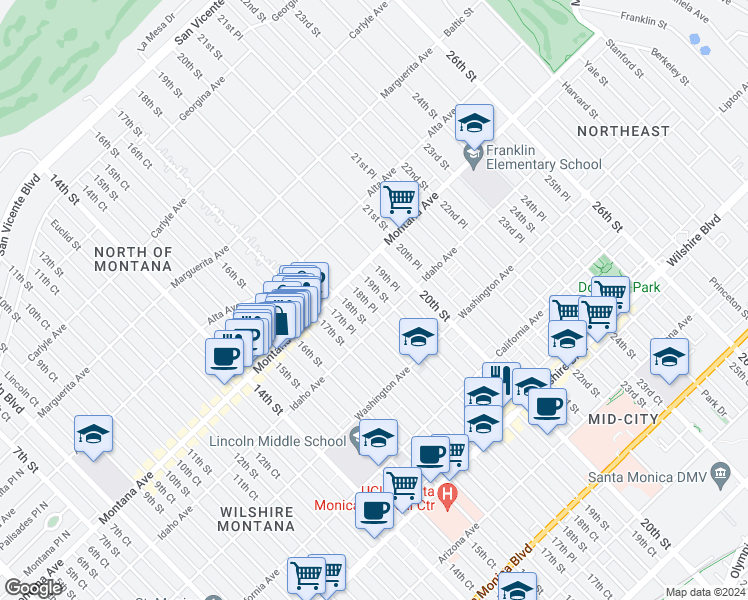 map of restaurants, bars, coffee shops, grocery stores, and more near 842 19th Street in Santa Monica