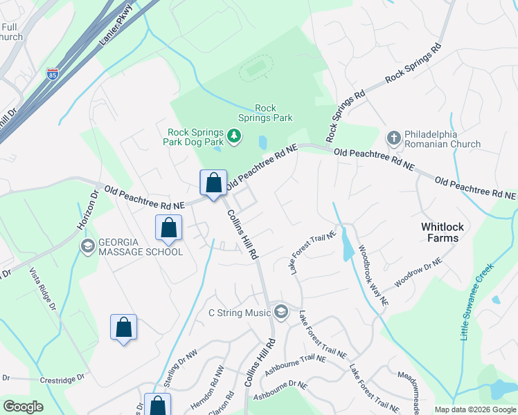 map of restaurants, bars, coffee shops, grocery stores, and more near 389 Peachstone Way Northeast in Lawrenceville