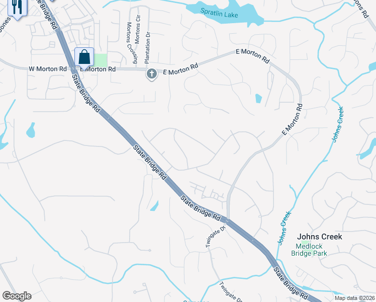 map of restaurants, bars, coffee shops, grocery stores, and more near 10395 Forest Bridge Drive in Alpharetta