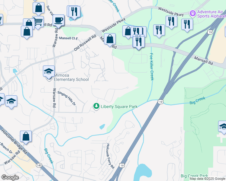 map of restaurants, bars, coffee shops, grocery stores, and more near 1460 Parkmont Drive in Roswell