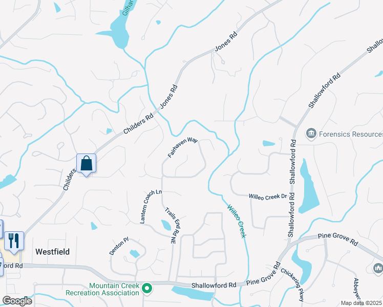map of restaurants, bars, coffee shops, grocery stores, and more near 3580 Treeline Pass in Roswell