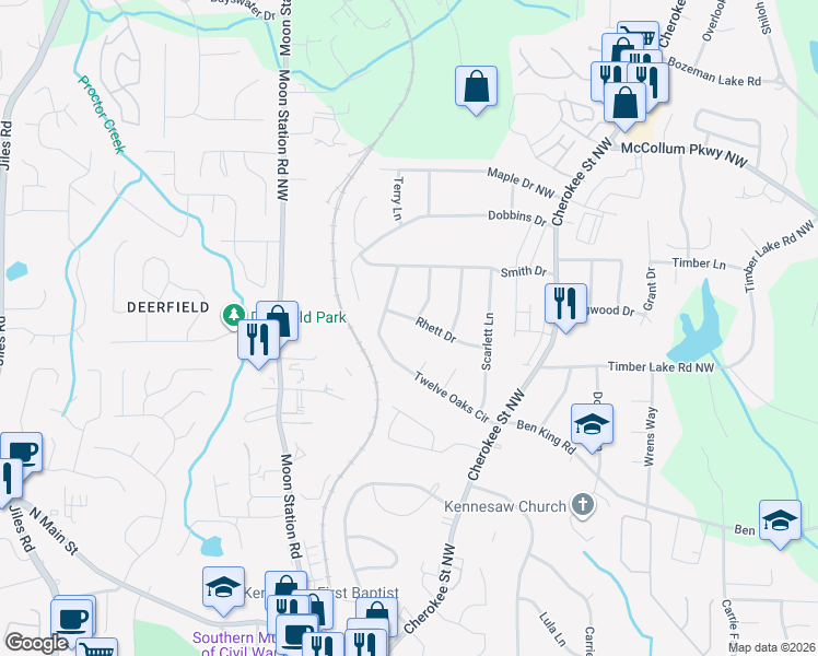 map of restaurants, bars, coffee shops, grocery stores, and more near 3002 Rhett Drive in Kennesaw