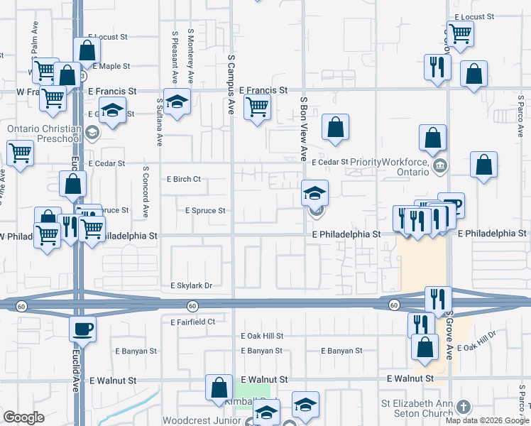 map of restaurants, bars, coffee shops, grocery stores, and more near 2111 Caldwell Place in Ontario