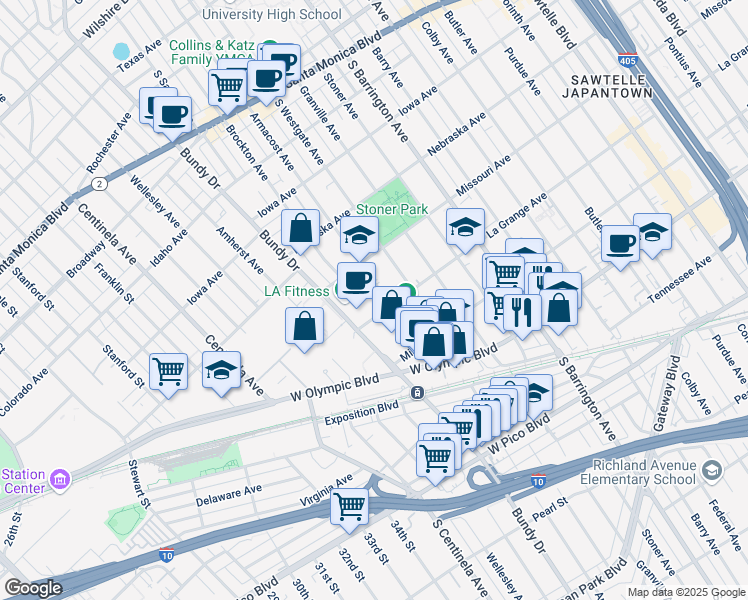map of restaurants, bars, coffee shops, grocery stores, and more near 1935 Armacost Avenue in Los Angeles