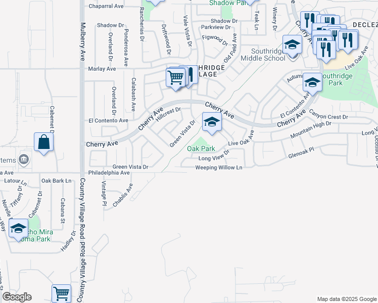 map of restaurants, bars, coffee shops, grocery stores, and more near 14200 Live Oak Avenue in Fontana