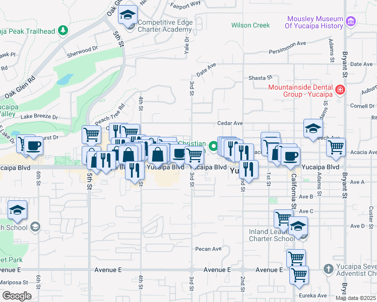 map of restaurants, bars, coffee shops, grocery stores, and more near 12036 3rd Street in Yucaipa