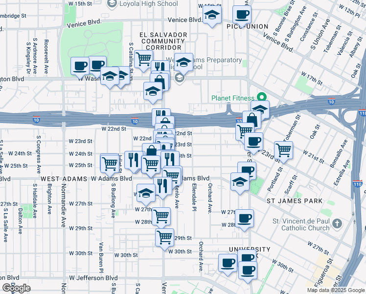 map of restaurants, bars, coffee shops, grocery stores, and more near 1430 West 23rd Street in Los Angeles