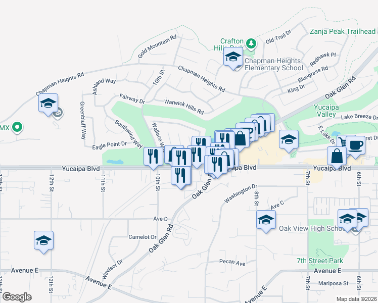 map of restaurants, bars, coffee shops, grocery stores, and more near 33361 Wallace Way in Yucaipa