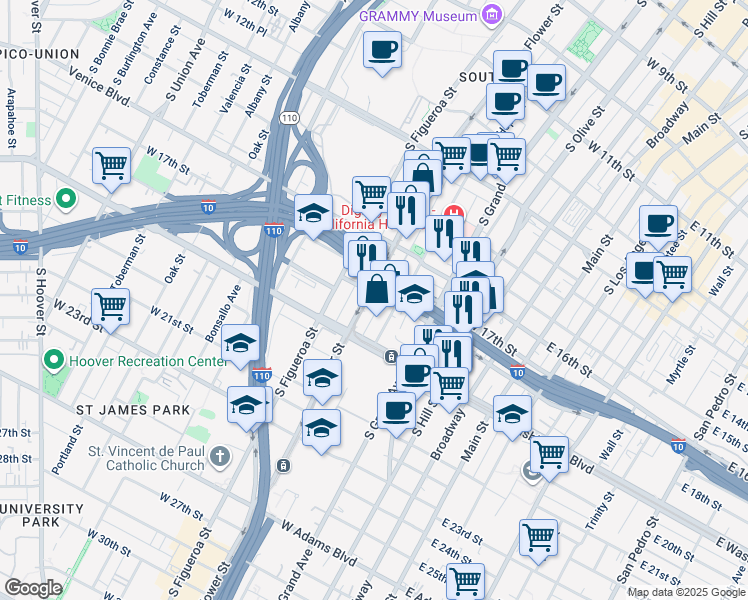 map of restaurants, bars, coffee shops, grocery stores, and more near 1801 South Hope Street in Los Angeles