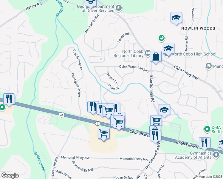 map of restaurants, bars, coffee shops, grocery stores, and more near 3396 Palm Circle in Kennesaw