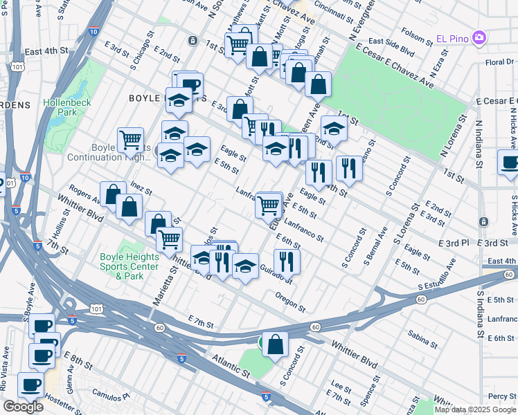 map of restaurants, bars, coffee shops, grocery stores, and more near 2850 Lanfranco Street in Los Angeles