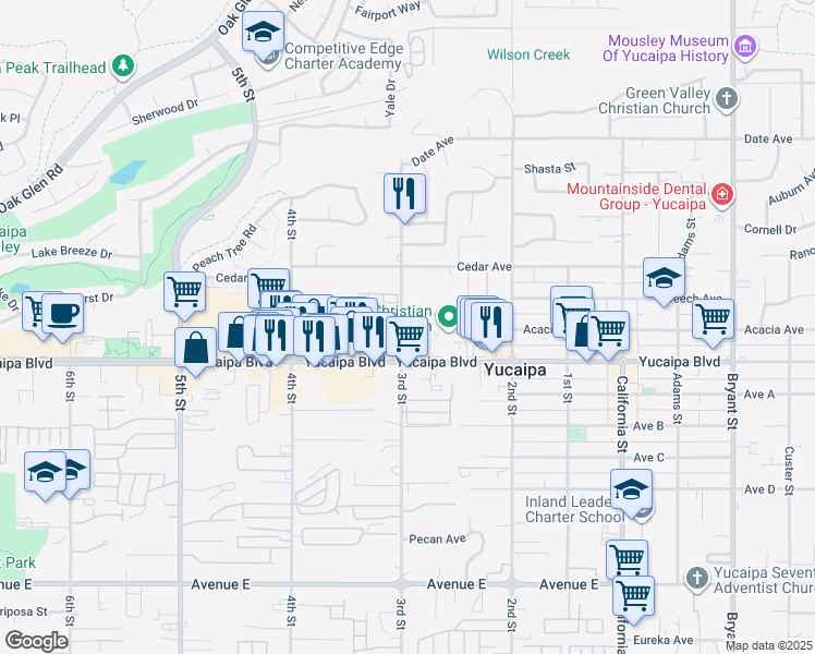 map of restaurants, bars, coffee shops, grocery stores, and more near 12035 3rd Street in Yucaipa