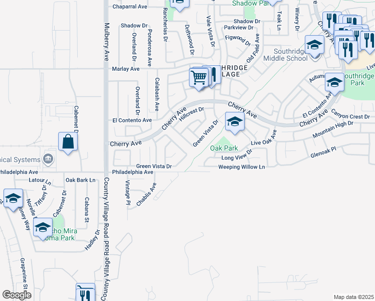 map of restaurants, bars, coffee shops, grocery stores, and more near 12045 Glenheather Drive in Fontana