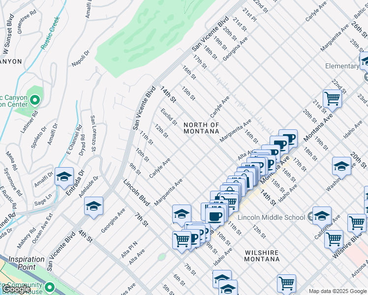 map of restaurants, bars, coffee shops, grocery stores, and more near 403 12th Street in Santa Monica